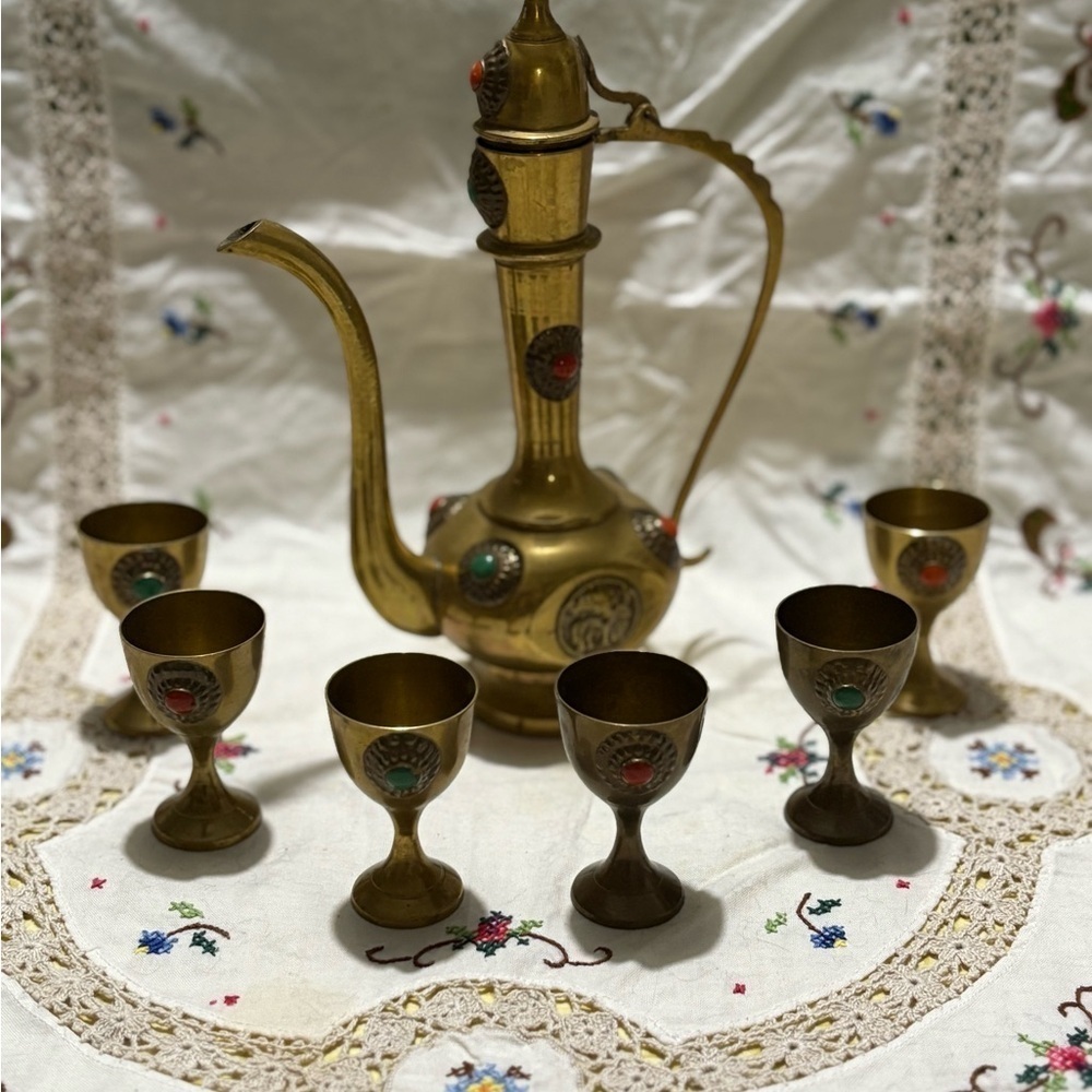 Vintage Brass Mini 8” Tea Set with Carafe and Cups